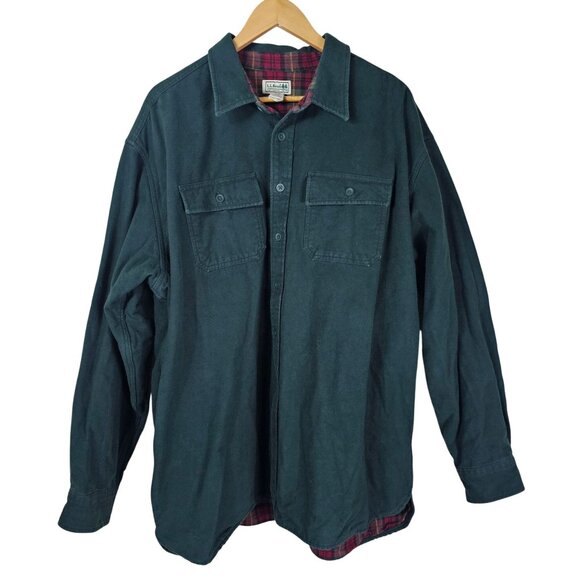 VTG L.L.Bean Green Button-Up Shirt Jacket XXL Red Plaid Lining Cotton Shacket - Picture 1 of 11